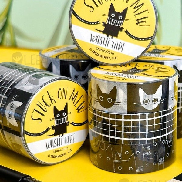 LES CHATS NOIRS: Stuck on Mew Black Cat Washi Tape, Black & White Washi Tape Set of Three, Black Cats, Scrapbooking, Decorative Masking Tape