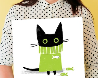 Kitty In A Jumper, Black Cat In A Sweater with a Fish, Cat lover Art Print, Wall Art