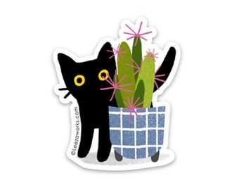 Lil Catcus Black Cat vinilo pegatina, calcomanía impermeable, gato negro en la planta de la casa, arte adhesivo del gato negro, pegatinas, gatos en la planta de cactus