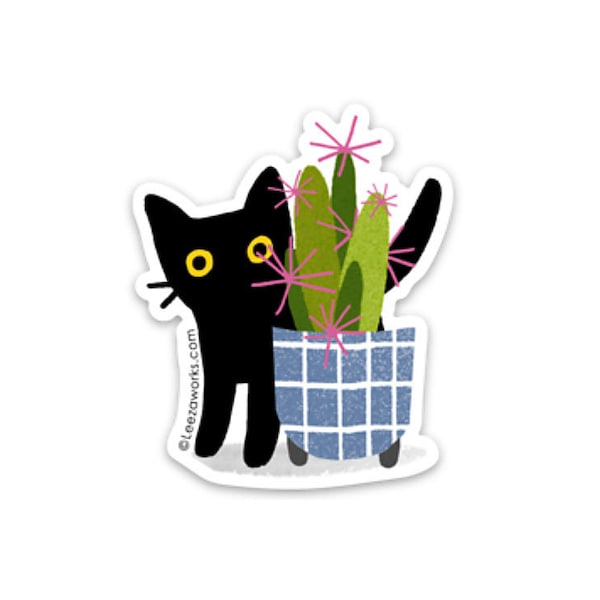 Lil Catcus Black Cat Vinyl Sticker, Waterproof Decal, Black Cat in House Plant, Adhesive Black Cat Art, Stickers, Cats in Cactus Plant