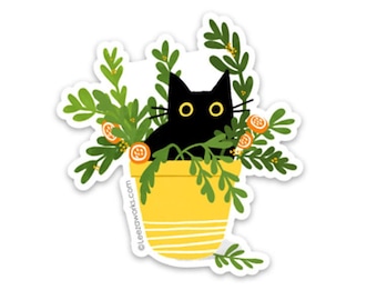 Gato escondido! Gato negro en una etiqueta engomada del vinilo de la planta, regalo de la etiqueta del amante del gato, gato pegajoso en una planta de la casa, etiqueta engomada del ordenador portátil, arte impermeable, plantas