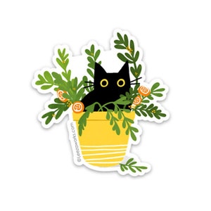 Hidey Cat Black Cat In a Plant Vinyl Sticker, Cat Lover Decal Gift, Sticky Cat in a House Plant, Laptop Sticker, Waterproof Artwork, Plants image 1