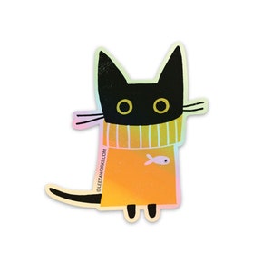 Nigel in a Jumper Holographic Sticker, Cat Sticker, Black Cat, Cats, Yellow Jumper, Cat In A Sweater