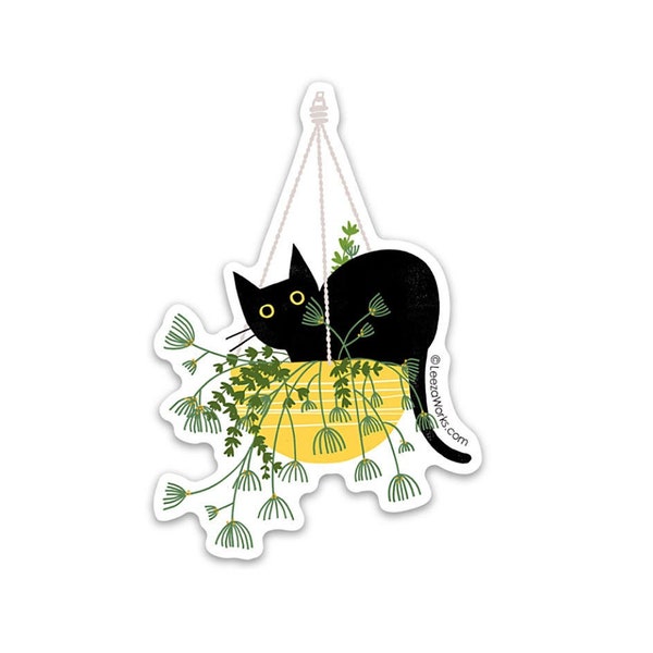 Black Cat in a Hanging Basket Vinyl Sticker, Waterproof Decal, Black Cat in House Plant, Adhesive Black Cat Art, Stickers, Cats in Plants