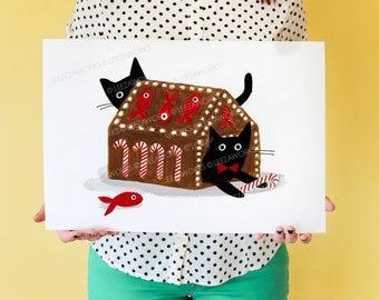 Gingerbread House Cats! Black Cat Art Print, Cat Christmas, Holidays Cat, Gift for a Black Cat Lover, Gingerbread House Art, Cat Gift, Xmas