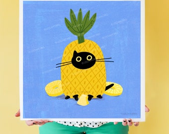 Pineapple Cat! Summer Fruit Black Cat Art Print, Cats and Fruit Art, Black and Sky Blue, Coral, Pink Wall Art, Cat Lover Gift, Mother's Day