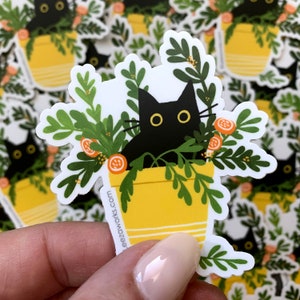 Hidey Cat Black Cat In a Plant Vinyl Sticker, Cat Lover Decal Gift, Sticky Cat in a House Plant, Laptop Sticker, Waterproof Artwork, Plants image 2