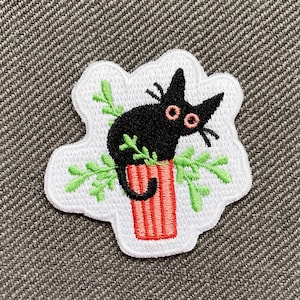 Black Cat In A Plant Pot Machine-Embroidered Patch, Iron-on Patch, Clothing Accessory Patch