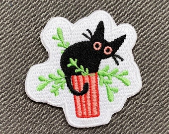 Black Cat In A Plant Pot Machine-Embroidered Patch, Iron-on Patch, Clothing Accessory Patch