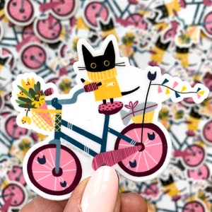 Kitty On A Bicycle Black Cat Vinyl Sticker, Decal, Adhesive Art, Stickers, Cats image 2