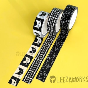 LES CHATS NOIRS: Stuck on Mew Black Cat Washi Tape, Black & White Washi Tape Set of Three, Black Cats, Scrapbooking, Decorative Masking Tape image 3