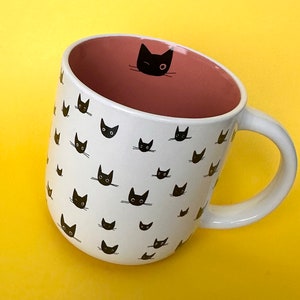 Black Cat Heads Ceramic Mug, Coffee Time For Cat Lovers, 16oz Beverage Cup, Gift for Cat People, Cat-Themed Cocoa Mug, Jumbo Kitty Teacup