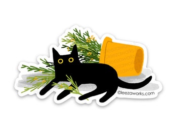 Shrubbsup! Cat Sticker, Black Cat Plant Vinyl Decal, Cat Lover Gift, Sticky Cat in a House Plant, Laptop Sticker, Waterproof Artwork, Plants