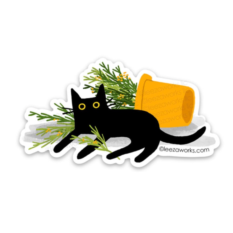Shrubbsup Cat Sticker, Black Cat Plant Vinyl Decal, Cat Lover Gift, Sticky Cat in a House Plant, Laptop Sticker, Waterproof Artwork, Plants image 1