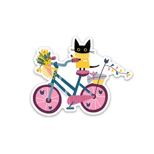Kitty On A Bicycle Black Cat Vinyl Sticker, Decal, Adhesive Art, Stickers, Cats image 1