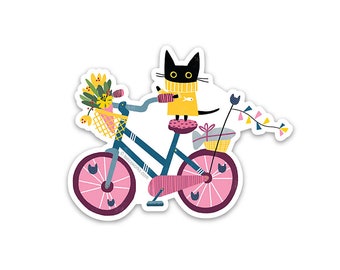 Kitty On A Bicycle Black Cat Vinyl Sticker, Decal, Adhesive Art, Stickers, Cats