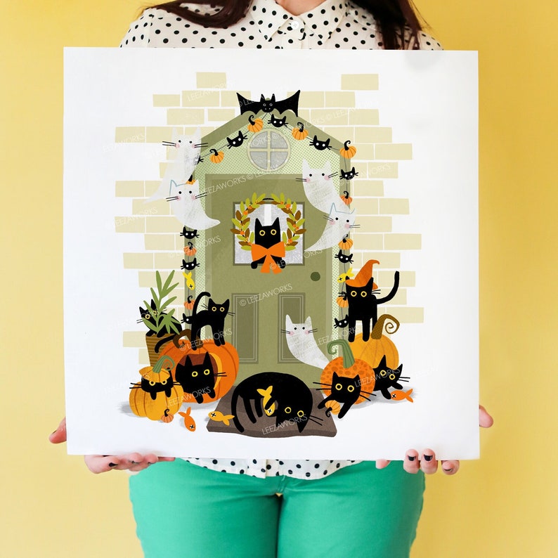 Black Cats On The Halloween Porch Art Print, Cat Lover Gift, Cat Ghosts and Pumpkins, Black Cats Art, Front Door, Bats, Spiders, Welcome Mat image 1