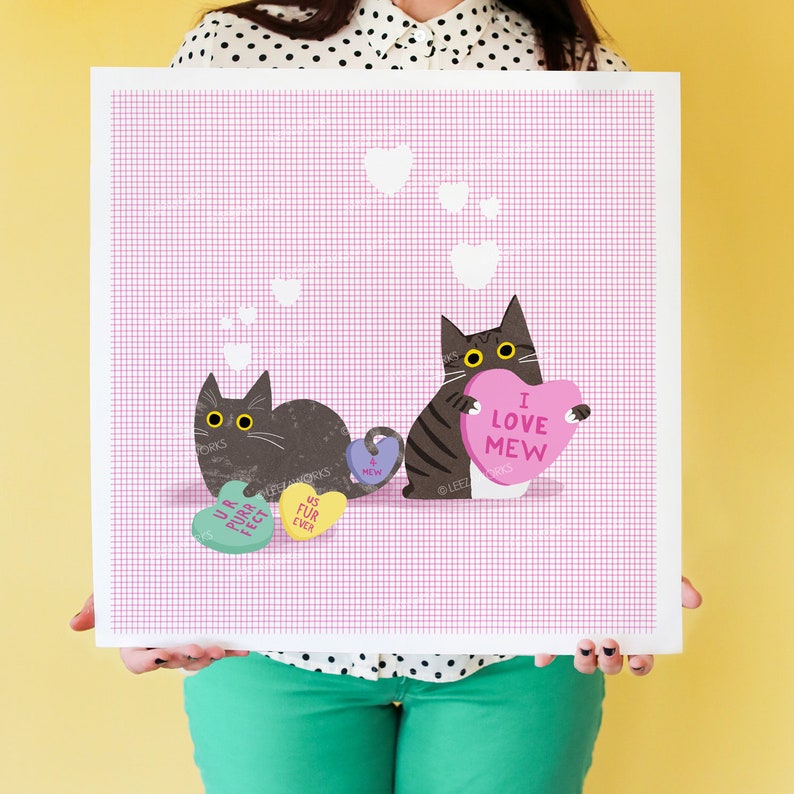 UPDATE: I Love MEW Black Cat Art Print, Tabby, Tuxedo, Brown, Orange Cat-themed Home Decor Valentine's Day Gift, Love Hearts Cat Lover Art image 2