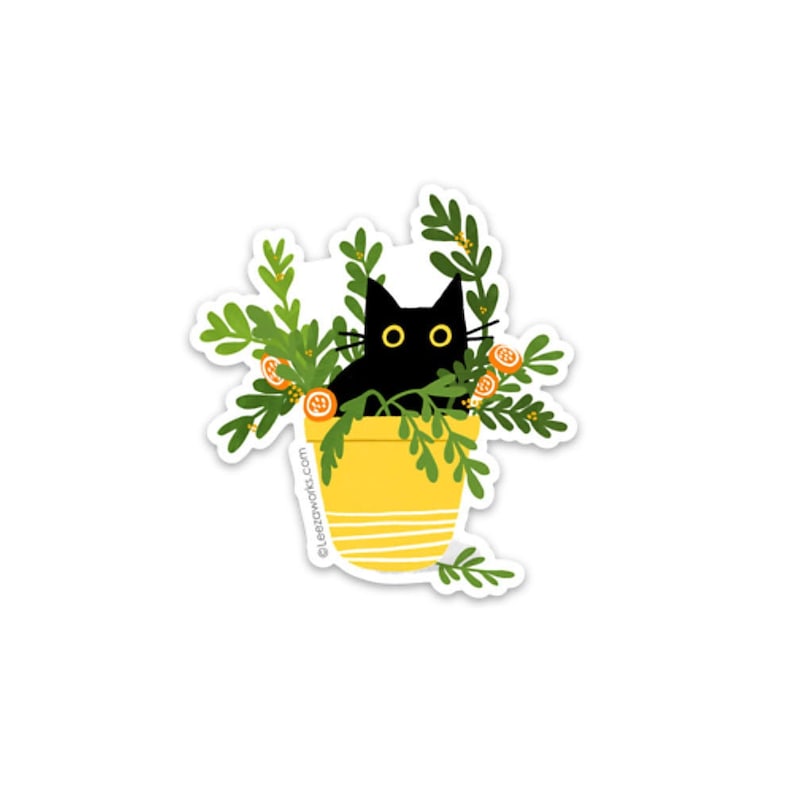 Hidey Cat Black Cat In a Plant Vinyl Sticker, Cat Lover Decal Gift, Sticky Cat in a House Plant, Laptop Sticker, Waterproof Artwork, Plants image 1