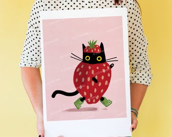 ¡BAYA AGRADABLE! Gato negro en una impresión de arte de fresa, arte de pared con temática de gatos, decoración del hogar, regalo del Día de la Madre, arte de frutas, gatos y frutas de verano