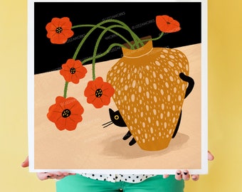 ¡Gato amapola! Amapolas rojas en un jarrón Impresión de arte de gato negro, gatos y flores, arte floral bonito, arte de pared negro y rojo, ¡los gatos gobiernan!