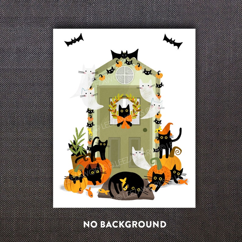 Black Cats On The Halloween Porch Art Print, Cat Lover Gift, Cat Ghosts and Pumpkins, Black Cats Art, Front Door, Bats, Spiders, Welcome Mat image 3