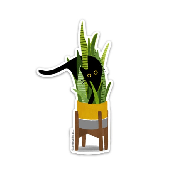 Wild Cat! Black Cat In a Snake Plant Vinyl Sticker, Cat Lover Decal Gift, Sticky Cat in a House Plant, Laptop Sticker, Waterproof Artwork