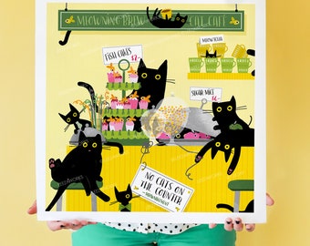 Meowning Brew Cat Cafe Black Cat Art Print, café de la mañana, Matcha, cupcakes, restaurante local para gatos, arte de pared sin gatos en el mostrador, ¡los gatos gobiernan!