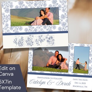 Save The Date Card - Lettere d'amore Chinoiserie - Completamente modificabile in Canva - Nessun software necessario - Modifica semplice - Tema blu navy e bianco 5X7