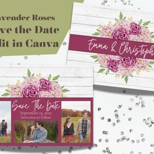 Save The Date - ontwerp met lavendelrozen - volledig bewerkbaar in canvas - eenvoudig aan te passen - direct te downloaden en klaar om te bewerken!