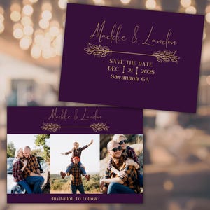 Plantilla Canva totalmente editable de invitación Save the Date en color ciruela y dorado de 5 x 7: anuncio de boda elegante, tarjeta con foto de compromiso, frente y reverso