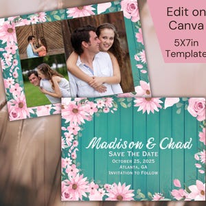 Rustico Teal Barn Save the Date Card / Modello Canva modificabile / Rose rosa floreali, slot per foto, download digitale / Invito a nozze romantico