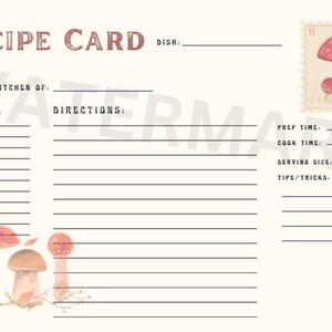 Blank Recipe Card - Printable - Mushroom Cottage Design