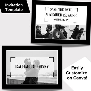 Moderne Save The Date-kaart - digitale download Canva-sjabloon - volledig bewerkbaar - verlovingsaankondiging met 4 foto's. 5 x 7 voor- en achterkant.