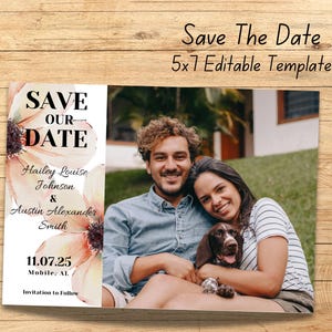 Cartão de reserva de data em aquarela editável 5x7 Canva Template - Girassóis de pêssego - Design moderno em rosa empoeirado - Anúncio de casamento "Save Our Date"