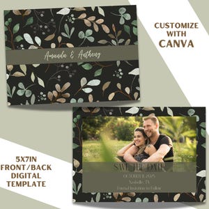 Plantilla de invitación de Canva con diseño de Midnight Boho para guardar la fecha. Tamaño frontal y posterior de 5 x 7. ¡Totalmente editable! No requiere software. Descarga digital.