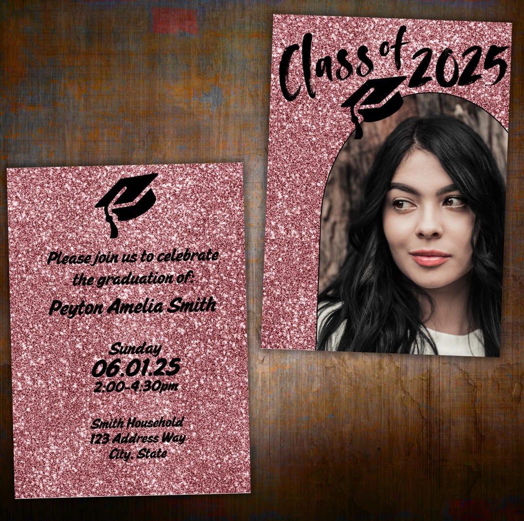 Pink Grad Invite Template Rose Gold Glitter Graduation Invitation Template - Class of 2025 Grad ...