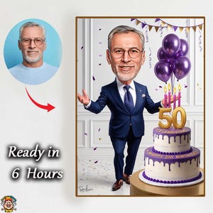 Custom 50th Cartoon Portrait | 50th Caricature | Personalized Happy Birthday Caricature Drawing | 50th Birthday Cartoon, Birthday Caricature