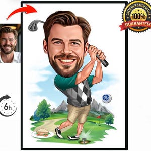 Personalized Golfer Caricature from Photo, Funny Golfer Drawing Art, Funny Golfer Digital Portrait, Golfer Cartoon Drawing, Men Golf Gift