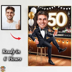 Custom 50th Cartoon Portrait | 50th Caricature | Personalized Happy Birthday Caricature Drawing | 50th Birthday Cartoon, Birthday Caricature