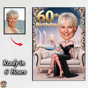 60th Birthday Caricature: 60 Women in Light Brown Dresses with Gifts, Black Sky Gift Digit, Ideal for Celebrations! Unique Gift Idea!