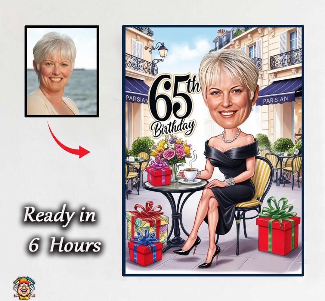 65th Birthday Caricature: 65 Women in Light Brown Dresses With Gifts ...