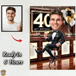 Custom 40th Birthday High-Style Caricature Portrait - 40 Year Old Woman Gift - Digital Download - Personalized Caricature from Photo