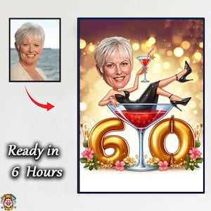 60th Birthday Caricature: 60 Women in Light Brown Dresses with Gifts, Black Sky Gift Digit, Ideal for Celebrations! Unique Gift Idea!