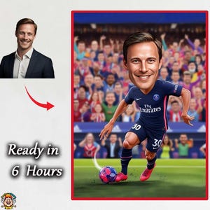 SOCCER CARICATURE CARTOON football Portrait, Gift for him, Soccer Cartoon, Funny football Gift, Custom Caricature from Photo, Any team,