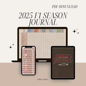 Könnte beinhalten: Eine digitale Illustration eines druckbaren Formel-1-Journals für die Saison 2025. Das Journal enthält einen Rennkalender, Platz für Notizen und ein Cover mit dem Text "Formula 1 2025 Season Journal".