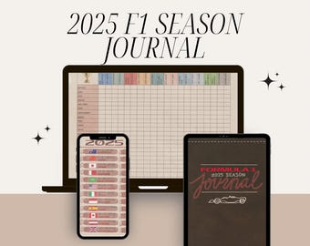 May include: A digital illustration of a printable Formula 1 journal for the 2025 season. The journal includes a calendar of races, a space for notes, and a cover with the text "Formula 1 2025 Season Journal".