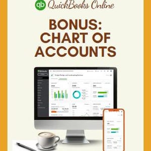 May include: A computer screen displaying a QuickBooks Online dashboard with a green and blue chart, a green bar graph, and a green pie chart. The screen is titled "Design, Manage and Track Your Landscaping Business". A smaller screen displaying a similar dashboard is on the right side of the image. The text "BONUS: CHART OF ACCOUNTS" is displayed in brown text on a beige background. The text "WILLIAMSACCTAX.COM" is displayed in black text on a beige background. A cup of coffee and a pen are on a white surface in the lower left corner of the image.
