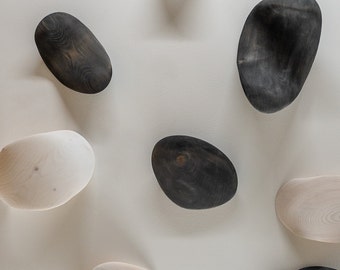 3D Modern Organic Relief Sculptural Wall Art Wabi Sabi Japandi Home Decor Black & White Reclaimed Wood Wall Mount Set of 8 Pebbles
