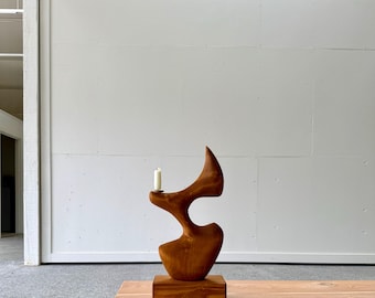 Modern Wood Candle Holder Sculpture: Geometric Pine Table Decor